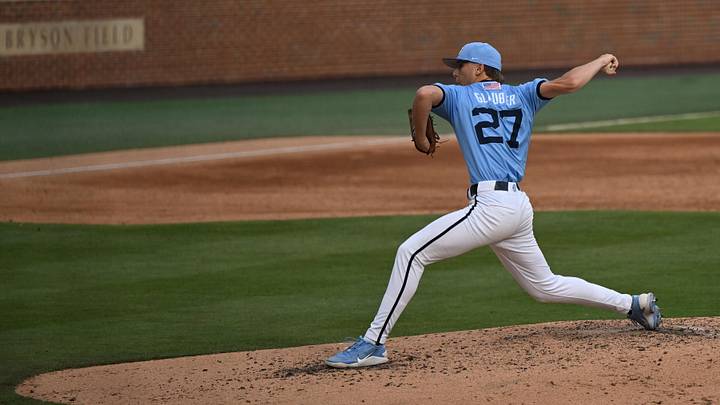 May 30, 2026; Chapel Hill, NC, USA; North Carolina Tar Heels pitcher Caden Glauber (27) pitches during game 4 of the Chapel Hill Regional at Boshamer Stadium. Mandatory Credit: William Howard-Imagn Images