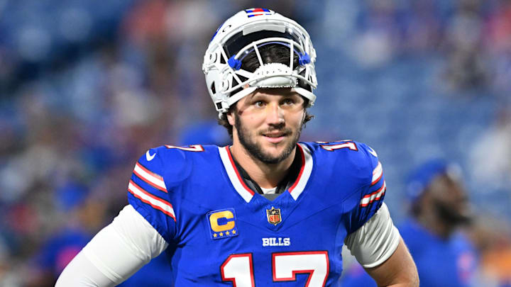 Sep 18, 2025; Orchard Park, New York, USA; Buffalo Bills quarterback Josh Allen (17) looks on before the game against the Miami Dolphins at Highmark Stadium.