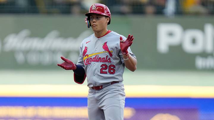 St. Louis Cardinals second baseman JJ Wetherholt (26) reacts after he doubles (6) on a sharp line drive to Milwaukee Brewers center fielder Garrett Mitchell (5) during the fifth inning of the game on Wednesday May 27, 2026 at American Family Field in Milwaukee, Wisconsin.