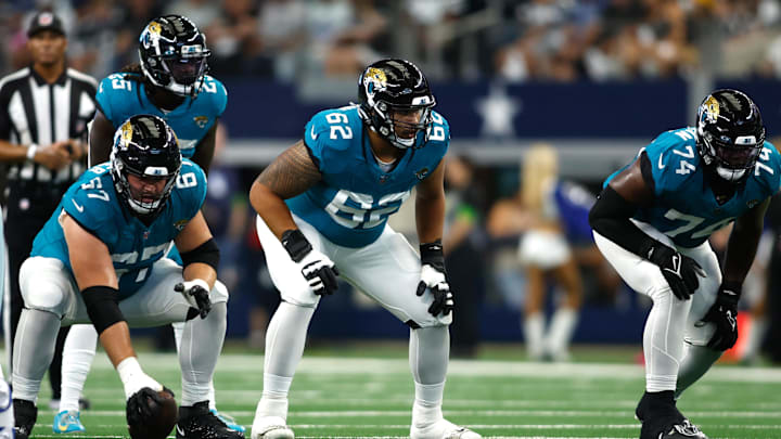 Aug 12, 2023; Arlington, Texas, USA;  Jacksonville Jaguars offensive tackle Chandler Brewer (67).