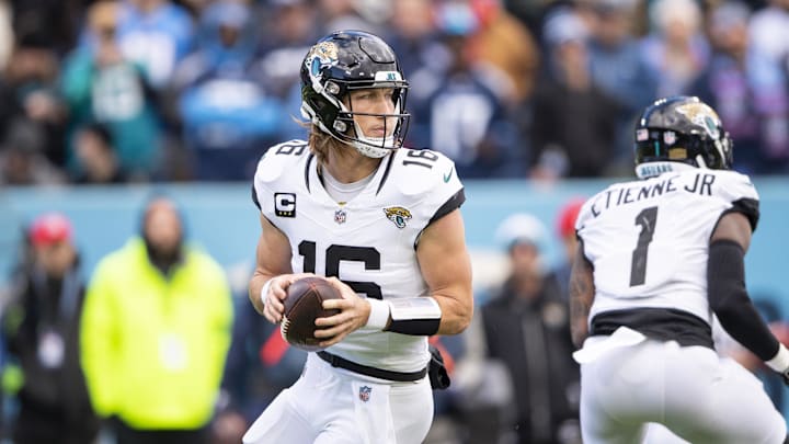 Jan 7, 2024; Nashville, Tennessee, USA; Jacksonville Jaguars quarterback Trevor Lawrence (16) Jan 7, 2024; Nashville, Tennessee, USA; Jacksonville Jaguars quarterback Trevor Lawrence (16)