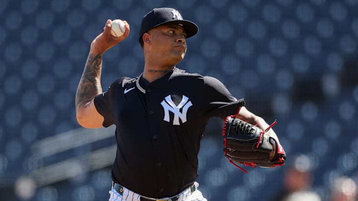 New York Yankees starting pitcher Luis Gil (81) participates in spring training workouts at George M. Steinbrenner Field in Tampa, Fla., on Feb 15, 2025.