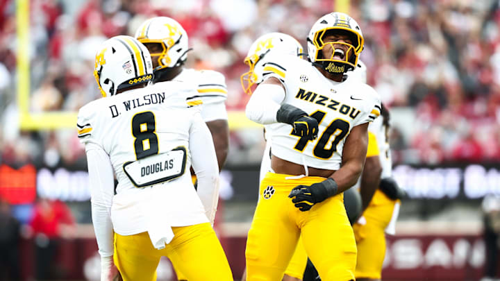 Nov 22, 2025; Norman, Oklahoma, USA;  Missouri Tigers linebacker Josiah Trotter (40) reacts during the first quarter against the Oklahoma Sooners at Gaylord Family-Oklahoma Memorial Stadium. Mandatory Credit: Kevin Jairaj-Imagn Images