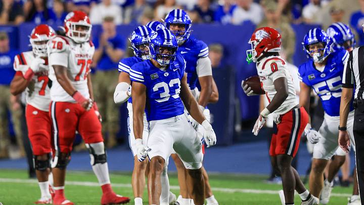 Sep 5, 2026; Provo, Utah, USA; BYU Cougars safety Joseph Douglas (37) reacts after making a defensive play against the Utah Tech Trailblazers during the second half at LaVell Edwards Stadium. Mandatory Credit: Rob Gray-Imagn Images Sep 5, 2026; Provo, Utah, USA; BYU Cougars safety Joseph Douglas (37) reacts after making a defensive play against the Utah Tech Trailblazers during the second half at LaVell Edwards Stadium. Mandatory Credit: Rob Gray-Imagn Images