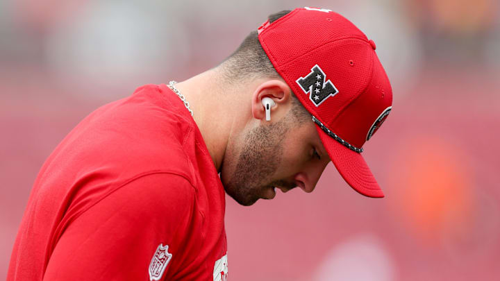 Dec 29, 2024; Tampa, Florida, USA; Tampa Bay Buccaneers quarterback Baker Mayfield (6) warms up before a game against the Carolina Panthers at Raymond James Stadium. Mandatory Credit: Nathan Ray Seebeck-Imagn Images