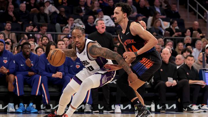 Jan 27, 2026; New York, New York, USA; Sacramento Kings guard DeMar DeRozan (10) controls the ball against New York Knicks guard Landry Shamet (44) during the fourth quarter at Madison Square Garden. Mandatory Credit: Brad Penner-Imagn Images Jan 27, 2026; New York, New York, USA; Sacramento Kings guard DeMar DeRozan (10) controls the ball against New York Knicks guard Landry Shamet (44) during the fourth quarter at Madison Square Garden. Mandatory Credit: Brad Penner-Imagn Images