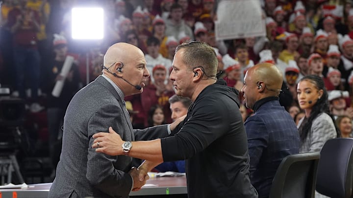 Iowa State Cyclones men's basketball head coach T.J. Otzelberger greets ESPN GameDay Crow Seth Greenberg after an interview during ESPN's College GameDay show ahead of the game between the Iowa State Cyclone and TCU Horned Frogs at Hilton Coliseum on Feb. 8, 2025 in Ames, Iowa Iowa State Cyclones men's basketball head coach T.J. Otzelberger greets ESPN GameDay Crow Seth Greenberg after an interview during ESPN's College GameDay show ahead of the game between the Iowa State Cyclone and TCU Horned Frogs at Hilton Coliseum on Feb. 8, 2025 in Ames, Iowa