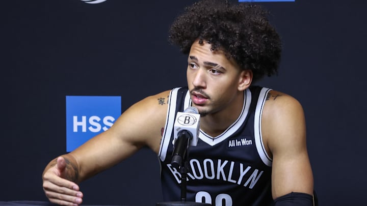 Sep 23, 2025; Brooklyn, NY, USA; Brooklyn Nets forward Jalen Wilson (22) speaks at Media Day. Mandatory Credit: Wendell Cruz-Imagn Images Sep 23, 2025; Brooklyn, NY, USA; Brooklyn Nets forward Jalen Wilson (22) speaks at Media Day. Mandatory Credit: Wendell Cruz-Imagn Images