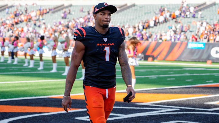 Cincinnati Bengals wide receiver Ja'Marr Chase (1) walks off the field after another loss at home against the Baltimore Ravens. The Bengals lost won 41-38 in overtime during NFL Week 5 Sunday October 6, 2024 at Payor Stadium.