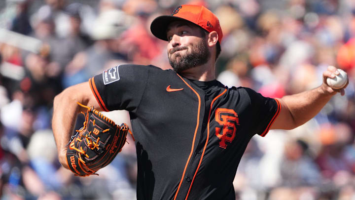 Mar 2, 2025; Scottsdale, Arizona, USA; San Francisco Giants pitcher Robbie Ray (38) pitches against the Los Angeles Angels during the second inning at Scottsdale Stadium.