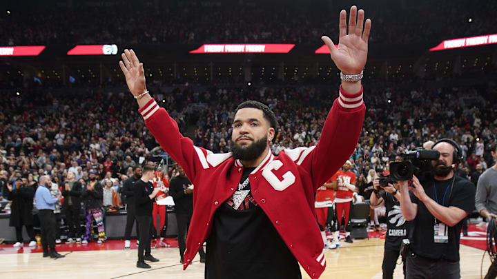Feb 9, 2024; Toronto, Ontario, CAN; Houston Rockets guard Fred VanVleet (5) is acknowledged during a break in the action against the Toronto Raptors during the first half at Scotiabank Arena. Mandatory Credit: John E. Sokolowski-Imagn Images