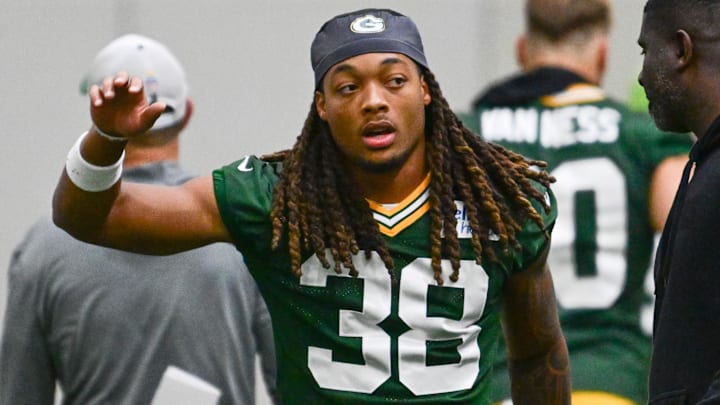 Jun 11, 2025; Green Bay, WI, USA; Green Bay Packers corner back Gregory Junior (38) participates in the team's minicamp at Ray Nitschke Field. Mandatory Credit: Benny Sieu-Imagn Images