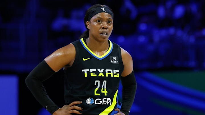 Aug 10, 2025; Arlington, Texas, USA; Dallas Wings guard Arike Ogunbowale (24) reacts against the Washington Mystics during the second half at College Park Center. Mandatory Credit: Chris Jones-Imagn Images Aug 10, 2025; Arlington, Texas, USA; Dallas Wings guard Arike Ogunbowale (24) reacts against the Washington Mystics during the second half at College Park Center. Mandatory Credit: Chris Jones-Imagn Images