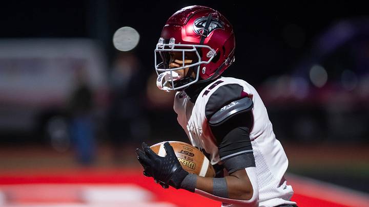 St. Joseph's Prep wide receiver Jett Harrison catches a pass in the end zone to score an 19-yard touchdown reception in the first half of the PIAA Class 6A football championship game against Central Catholic at Cumberland Valley High School, Saturday, Dec. 7, 2024, in Silver Spring Township, Pa.