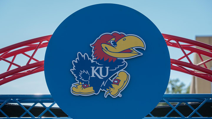 Oct 1, 2022; Lawrence, Kansas, USA; Kansas Jayhawks logo at entrance to the field prior to the game between the Kansas Jayhawks and the Iowa State Cyclones at David Booth Kansas Memorial Stadium. Mandatory Credit: William Purnell-Imagn Images