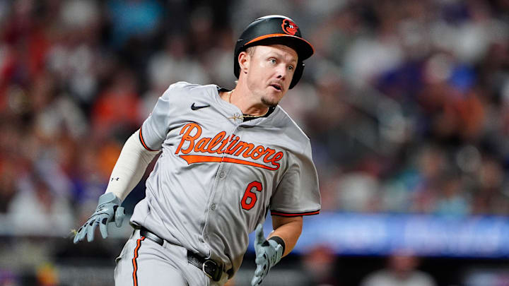 Aug 19, 2024; New York City, New York, USA; Baltimore Orioles first baseman Ryan Mountcastle (6) runs out a double against the New York Mets during the seventh inning at Citi Field.