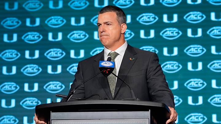 Jul 24, 2024; Charlotte, NC, USA;  Miami Hurricanes head coach Mario Cristobal speaks to the media during the ACC Kickoff at Hilton Charlotte Uptown. Mandatory Credit: Jim Dedmon-USA TODAY Sports