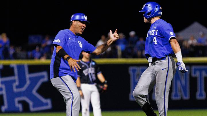 Jun 2, 2024; Lexington, KY, USA; Kentucky Wildcats head coach Nick Mingione celebrates with infielder Émilien Pitre (4) after he hits a home run during the sixth inning against the Indiana State Sycamores at Kentucky Proud Park. Mandatory Credit: Jordan Prather-Imagn Images Jun 2, 2024; Lexington, KY, USA; Kentucky Wildcats head coach Nick Mingione celebrates with infielder Émilien Pitre (4) after he hits a home run during the sixth inning against the Indiana State Sycamores at Kentucky Proud Park. Mandatory Credit: Jordan Prather-Imagn Images