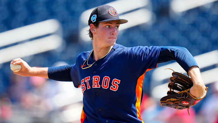 Mar 11, 2023; West Palm Beach, Florida, USA; Houston Astros starting pitcher Forrest Whitley (60) throws a pitch against the St. Louis Cardinals during the first inning at The Ballpark of the Palm Beaches.