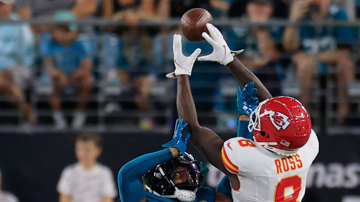 Kansas City Chiefs wide receiver Justyn Ross (8) hauls in a reception against Jacksonville Jaguars cornerback De'Antre Prince (24) during the third quarter of a preseason NFL football game Saturday, Aug. 10, 2024 at EverBank Stadium in Jacksonville, Fla. The Jacksonville Jaguars defeated the Kansas City Chiefs 26-13. [Corey Perrine/Florida Times-Union]