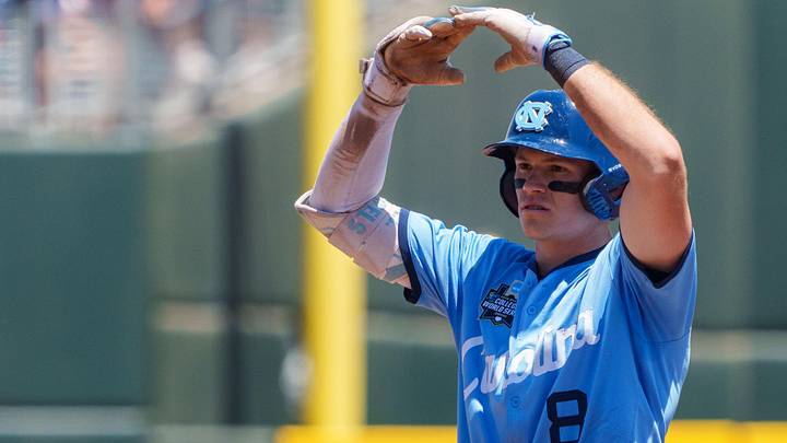 Jun 17, 2026; Omaha, NE, USA; North Carolina Tar Heels center fielder Owen Hull (8) celebrates after driving in a run on a double against the West Virginia Mountaineers during the fourth inning at Charles Schwab Field. Mandatory Credit: Dylan Widger-Imagn Images Jun 17, 2026; Omaha, NE, USA; North Carolina Tar Heels center fielder Owen Hull (8) celebrates after driving in a run on a double against the West Virginia Mountaineers during the fourth inning at Charles Schwab Field. Mandatory Credit: Dylan Widger-Imagn Images