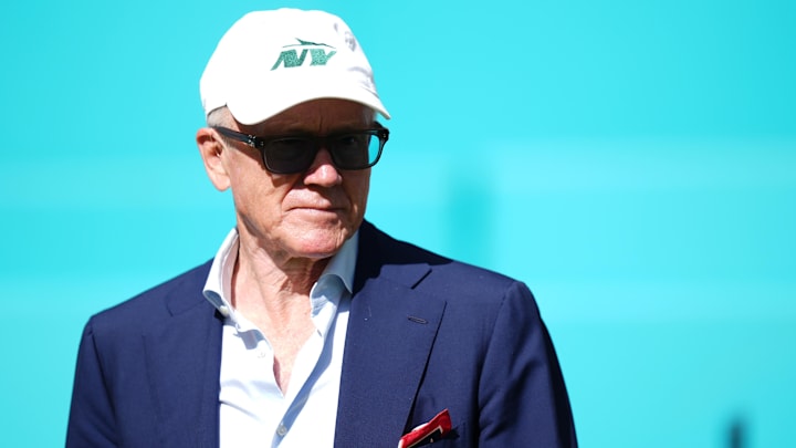 Dec 8, 2024; Miami Gardens, Florida, USA; New York Jets owner Woody Johnson walks onto the field prior to the game between the Miami Dolphins and the New York Jets at Hard Rock Stadium.