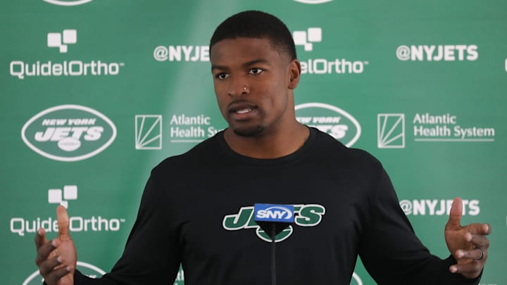 Florham Park, NJ July 19, 2023 --   Cornerback, DJ Reed being interviewed as players arrived today to participate in the NY Jets 2023 Training Camp at their practice facility in Florham Park, NJ.