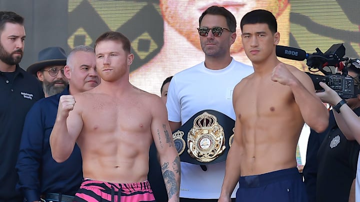 Canelo Alvarez  and Dmitry Bivol during Weighing Ceremony ahead of the Matchroom Boxing card on Saturday, May 7, 2022.
