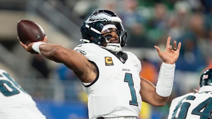 Philadelphia Eagles quarterback Jalen Hurts (1) throws a pass during a Thursday Night Football game between the New York Giants and the Philadelphia Eagles at MetLife Stadium in East Rutherford on Oct. 9, 2025. Philadelphia Eagles quarterback Jalen Hurts (1) throws a pass during a Thursday Night Football game between the New York Giants and the Philadelphia Eagles at MetLife Stadium in East Rutherford on Oct. 9, 2025.