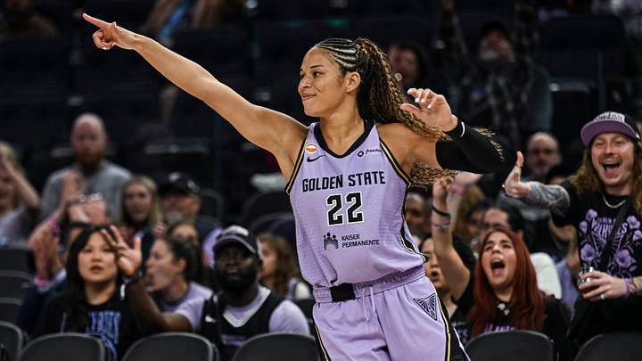 Sep 19, 2026; San Francisco, California, USA; Golden State Valkyries guard Veronica Burton (22) reacts after a three-point basket during the third period against the Seattle Storm at Chase Center. Mandatory Credit: Justine Willard-Imagn Images Sep 19, 2026; San Francisco, California, USA; Golden State Valkyries guard Veronica Burton (22) reacts after a three-point basket during the third period against the Seattle Storm at Chase Center. Mandatory Credit: Justine Willard-Imagn Images