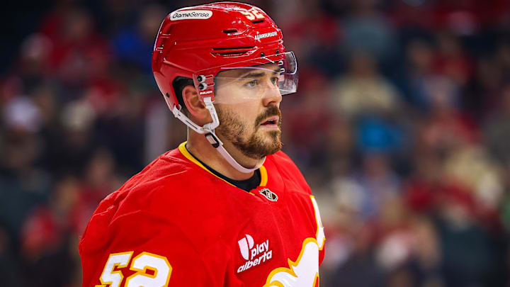 Jan 21, 2026; Calgary, Alberta, CAN; Calgary Flames defenseman MacKenzie Weegar (52) during the first period against the Pittsburgh Penguins at Scotiabank Saddledome. Mandatory Credit: Sergei Belski-Imagn Images