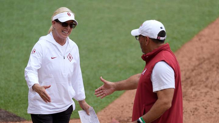 Oklahoma coach Patty Gasso and Alabama coach Patrick Murphy shake hands before Game 2 of an NCAA super regional between the University of Oklahoma (OU) and the Alabama Crimson Tide at Love's Field in Norman, Saturday, May 24, 2025. Oklahoma won 13-2 to advance to the Women's College World Series. Oklahoma coach Patty Gasso and Alabama coach Patrick Murphy shake hands before Game 2 of an NCAA super regional between the University of Oklahoma (OU) and the Alabama Crimson Tide at Love's Field in Norman, Saturday, May 24, 2025. Oklahoma won 13-2 to advance to the Women's College World Series.