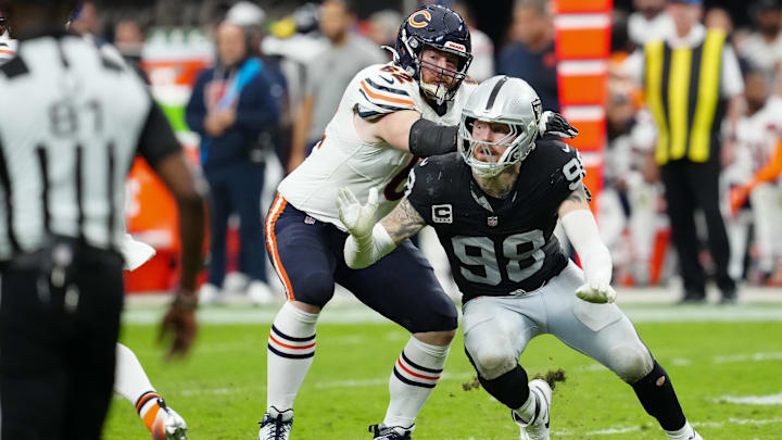 Even the best Bears blocker, Joe Thuney, had some trouble containing Maxx Crosby on one of the few plays they were matched up Sunday. Even the best Bears blocker, Joe Thuney, had some trouble containing Maxx Crosby on one of the few plays they were matched up Sunday.