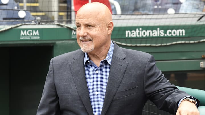 Jul 17, 2022; Washington, District of Columbia, USA;  Washington Nationals general manager Mike Rizzo looks onto the field prior to the game between the Washington Nationals and the Atlanta Braves at Nationals Park. 