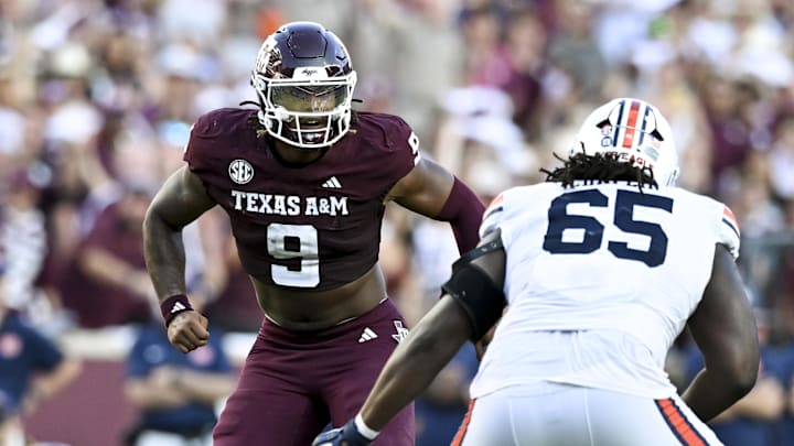 Sep 27, 2025; College Station, Texas, USA; Texas A&M Aggies defensive end Cashius Howell (9) defends in coverage against the Auburn Tigers during the fourth quarter at Kyle Field. Mandatory Credit: Maria Lysaker-Imagn Images 