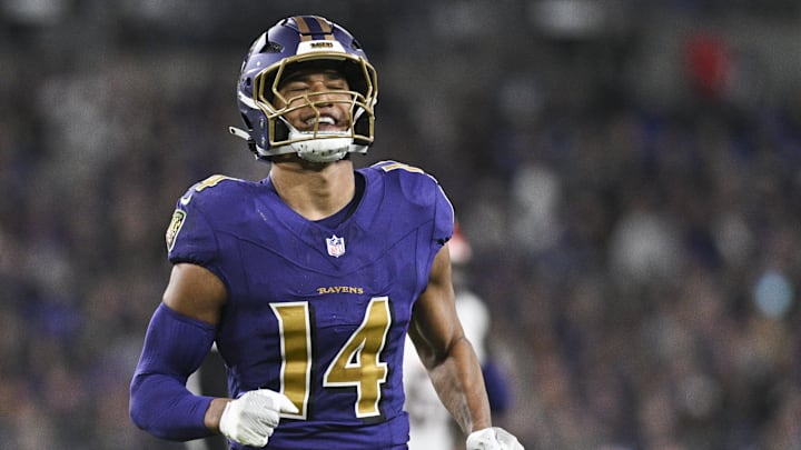 Nov 7, 2024; Baltimore, Maryland, USA; Baltimore Ravens safety Kyle Hamilton (14) reacts after tips a Cincinnati Bengals quarterback Joe Burrow (9) pass during the first quarter at M&T Bank Stadium. Mandatory Credit: Tommy Gilligan-Imagn Images Nov 7, 2024; Baltimore, Maryland, USA; Baltimore Ravens safety Kyle Hamilton (14) reacts after tips a Cincinnati Bengals quarterback Joe Burrow (9) pass during the first quarter at M&T Bank Stadium. Mandatory Credit: Tommy Gilligan-Imagn Images