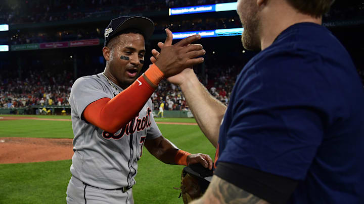 Sep 27, 2025; Boston, Massachusetts, USA; Detroit Tigers third baseman Andy Ibanez (77) celebrates after defeating the Boston Red Sox at Fenway Park. Mandatory Credit: Bob DeChiara-Imagn Images