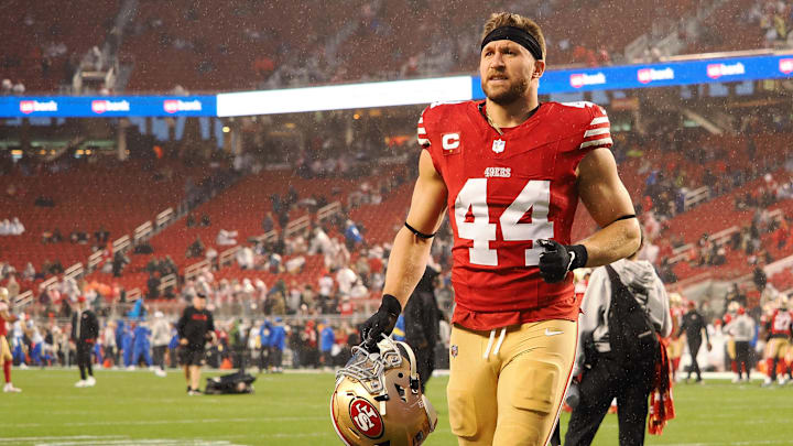 Dec 12, 2024; Santa Clara, California, USA; San Francisco 49ers fullback Kyle Juszczyk (44) on the field before the game against the Los Angeles Rams at Levi's Stadium.