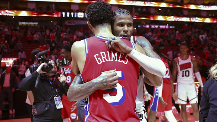 Mar 17, 2025; Houston, Texas, USA; Houston Rockets guard Jalen Green (4) greets Philadelphia 76ers guard Quentin Grimes (5) after the game at Toyota Center. Mandatory Credit: Troy Taormina-Imagn Images