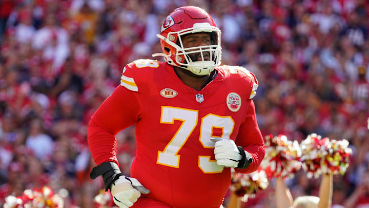 Sep 24, 2023; Kansas City, Missouri, USA; Kansas City Chiefs offensive tackle Donovan Smith (79) takes the field prior to a game against the Chicago Bears at GEHA Field at Arrowhead Stadium. Mandatory Credit: Jay Biggerstaff-USA TODAY Sports