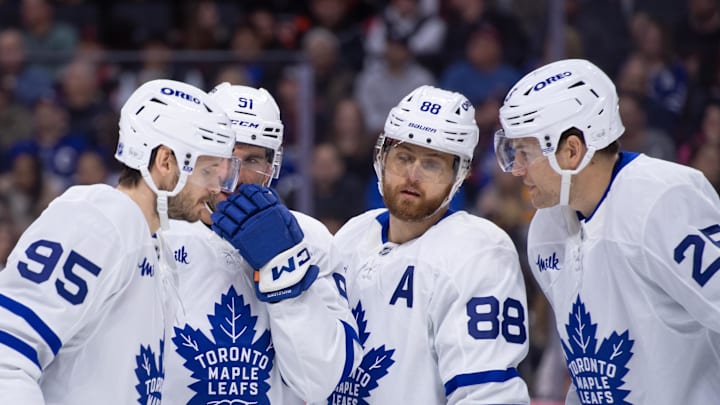 Mar 21, 2026; Ottawa, Ontario, CAN; Toronto Maple Leafs defenseman Pillippe Myers (51) speaks with defenseman Oliver Ekman-Larsson (95) and right wing William Nylander (88) and defenseman Brandon Carlo (25) in the first period against the Ottawa Senators at the Canadian Tire Centre. Mandatory Credit: Marc DesRosiers-IMAGN Images Mar 21, 2026; Ottawa, Ontario, CAN; Toronto Maple Leafs defenseman Pillippe Myers (51) speaks with defenseman Oliver Ekman-Larsson (95) and right wing William Nylander (88) and defenseman Brandon Carlo (25) in the first period against the Ottawa Senators at the Canadian Tire Centre. Mandatory Credit: Marc DesRosiers-IMAGN Images