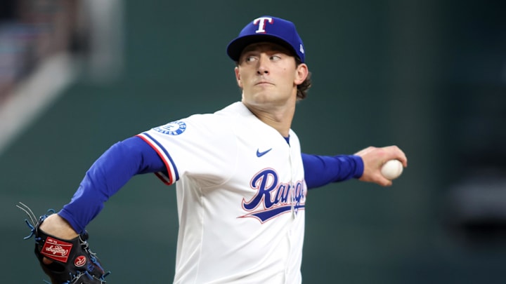Sep 8, 2025; Arlington, Texas, USA; Texas Rangers relief pitcher Jacob Latz (67) throws a pitch against the Milwaukee Brewers during the second inning at Globe Life Field. Mandatory Credit: Tim Heitman-Imagn Images