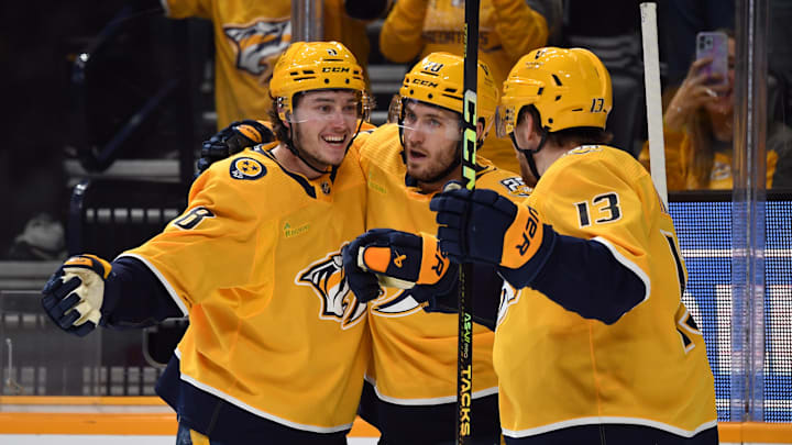 Mar 2, 2024; Nashville, Tennessee, USA; Nashville Predators center Cody Glass (8) celebrates with