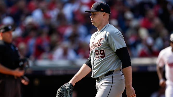 Detroit Tigers pitcher Tarik Skubal (29) walks off the field after pitching the first inning against Cleveland Guardians at Game 5 of ALDS at Progressive Field in Cleveland, Ohio on Saturday, Oct. 12, 2024.