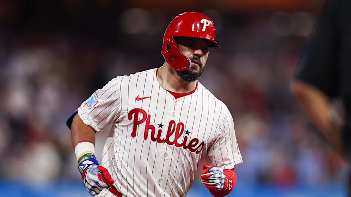 Sep 24, 2025; Philadelphia, Pennsylvania, USA; Philadelphia Phillies outfielder Kyle Schwarber (12) runs the bases after hitting a home run during the seventh inning against the Miami Marlins at Citizens Bank Park. Mandatory Credit: Bill Streicher-Imagn Images