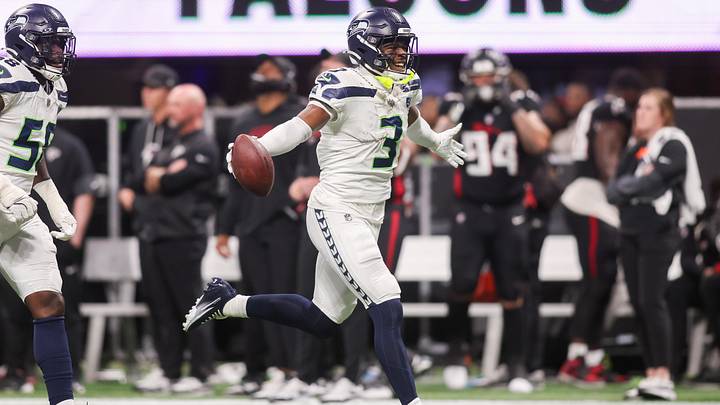 Seattle Seahawks safety Nick Emmanwori (3) celebrates after an interception against the Atlanta Falcons. Seattle Seahawks safety Nick Emmanwori (3) celebrates after an interception against the Atlanta Falcons.