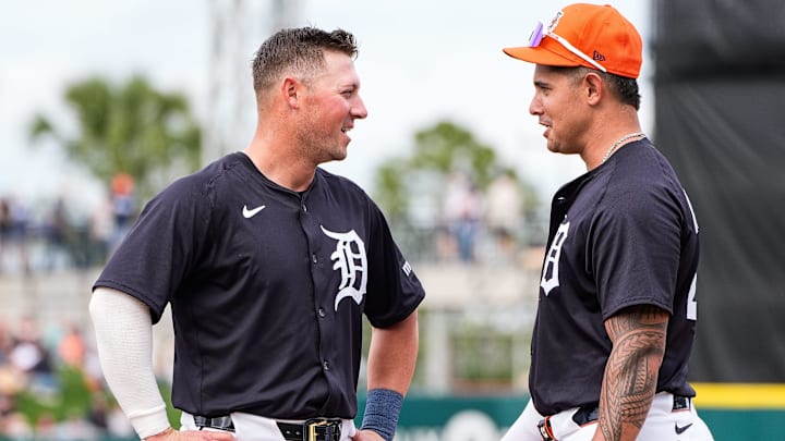 Detroit Tigers infielder Spencer Torkelson, left, talks to outfielder Bligh Madris after the fourth inning against Philadelphia Phillies during a Grapefruit League game at Joker Marchant Stadium in Lakeland, Fla. on Saturday, Feb. 22, 2025.