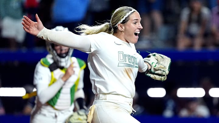 Oregon's Lyndsey Grein (33) celebrates an out in the 9th inning of the Women's College World Series softball game between the Oregon Ducks and the Ole Miss Rebels at Devon Park in Oklahoma City, Saturday, May, 31, 2025.