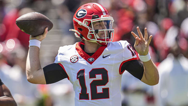 Apr 12, 2025; Athens, GA, USA; Georgia Bulldogs quarterback Ryan Puglisi (12) passes during the Georgia Spring game at Sanford Stadium. Mandatory Credit: Dale Zanine-Imagn Images