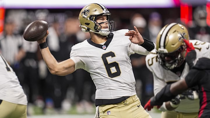 Jan 4, 2026; Atlanta, Georgia, USA; New Orleans Saints quarterback Tyler Shough (6) passes against the Atlanta Falcons Jan 4, 2026; Atlanta, Georgia, USA; New Orleans Saints quarterback Tyler Shough (6) passes against the Atlanta Falcons